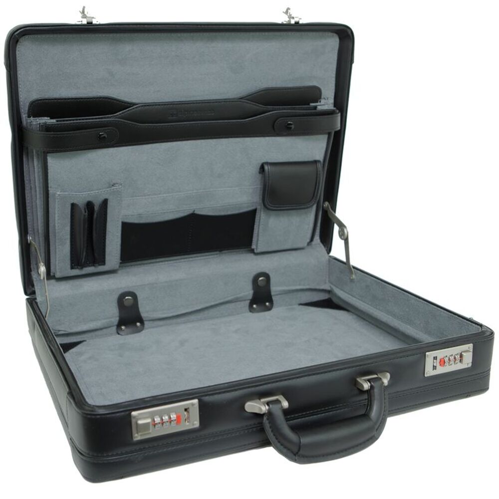 Alpine Swiss Expandable Leather Attache Briefcase Combination Locks Hard Case
